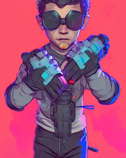 Image similar to a tiny kid with a huge power glove, bust shot, smooth, intricate, elegant, power aura, digital painting, artstation, concept art, sharp focus, illustration, art by josan gonzalez, high contrast