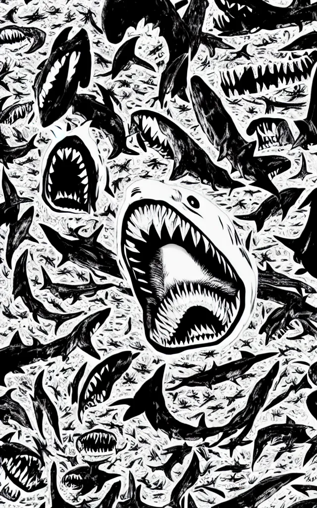 Image similar to Sharknado in the style of junji ito, manga, horror, spirals, faces, sharks, teeth