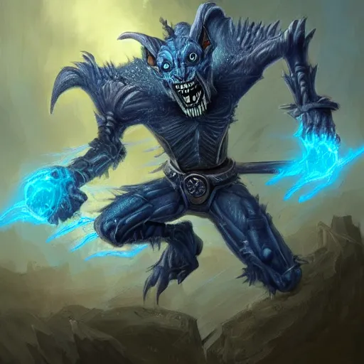 Prompt: a highly detailed goblin with grey skin and blue eyes that glow, made of wind, like magic the gathering, goblin chainwalker, digital art, by christopher rush