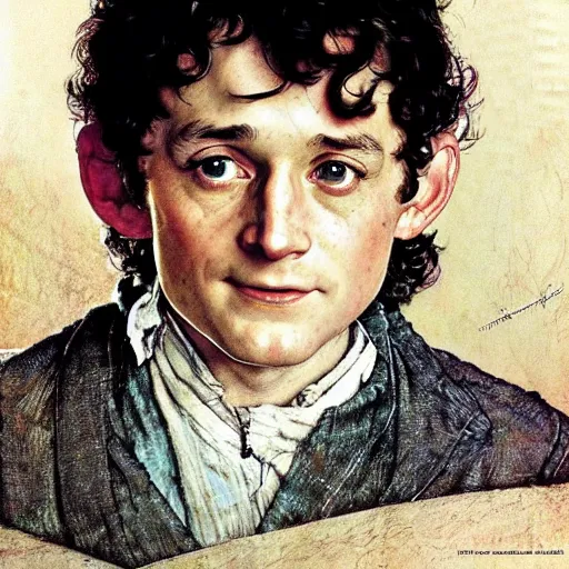 Image similar to Frodo Baggins head and shoulders portrait by norman Rockwell, epic