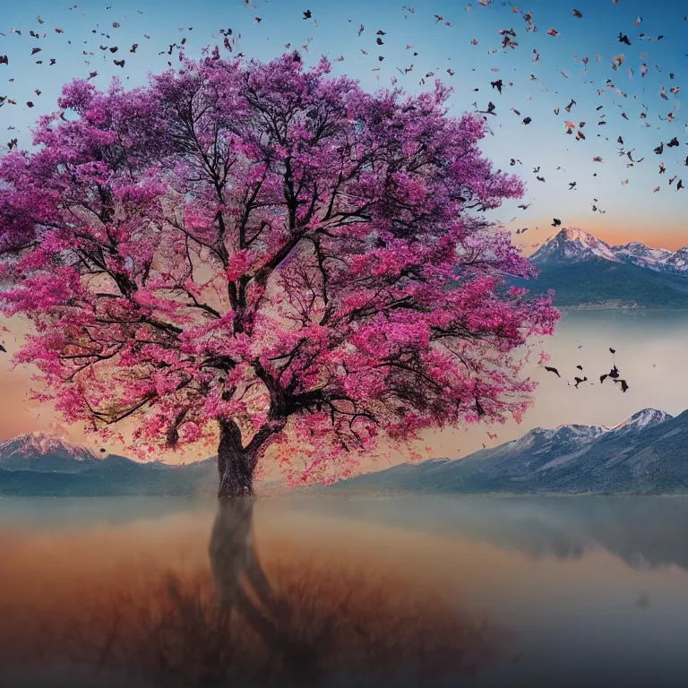 Image similar to a beautiful awesome artistic tree with falling flowers like leaves and many birds, all in the amazing outdoors view, mountain in the background, lake, long exposure, 8 k resolution, trending on artstation