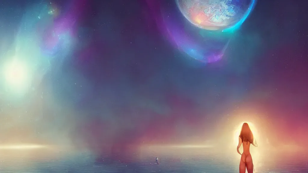 Prompt: a beautiful whimsical woman standing in a lake bathing in the moonlight, underneath a multi-colored binary blackhole with an accretion disc, tracers, by Lois van Baarle, by Greg Rutkowski, by artgerm, by beeple, cinematic angle, volumetric lighting, 4k resolution, octane render, trending on artstation, masterpiece