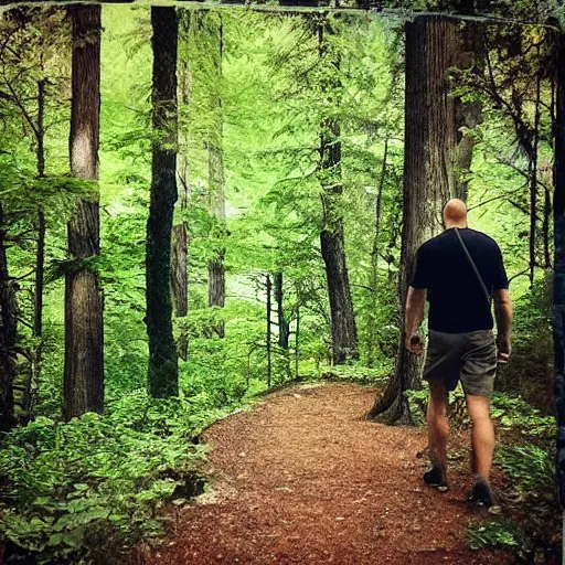 Prompt: “ poor quality nature photography of a bald man hiking in the woods, startled by bigfoot walking by ”