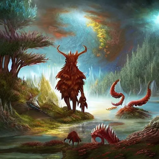 Image similar to a never - ending fantasy art, depicting scenes and creatures from otherworldly realms.