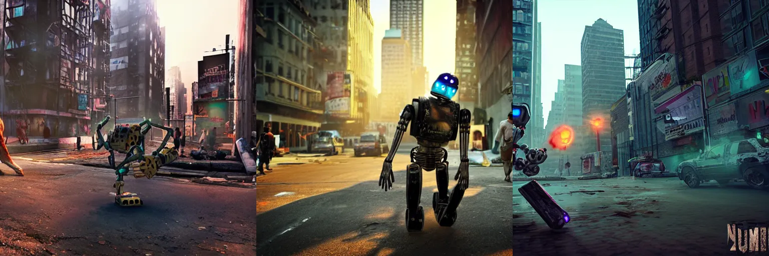 Prompt: <photo location='new york slums' hd stunning lighting=vibrant>robot protecting man from zombies</photo>