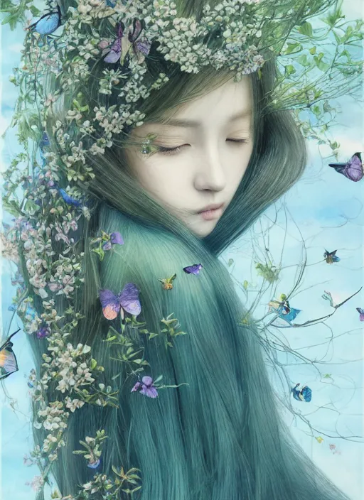 Prompt: breathtaking Female Portrait by Miho Hirano, realistic, detailed, blue, green tonalities, beautiful collage technique including flora, branches, birds, butterflies, ornate background, beautiful Fantasy detailed trending on artstation, oil painting,Dramatic lighting, ethereal high quality print, fine art with subtle redshift rendering