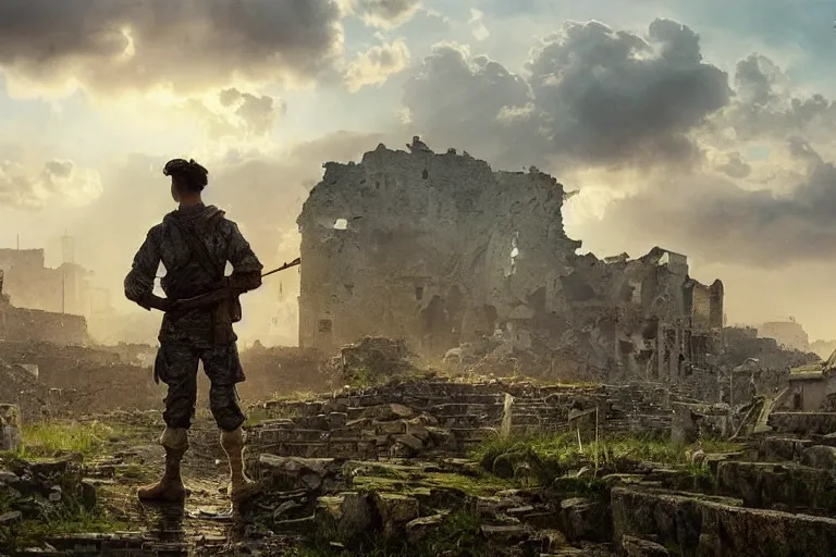 Image similar to a scenic landscaping view of a lone military soldier standing in the ruins of the city, ray of sunlight, powerful clouds, Greg Rutkowski, Moebius, Bill Sienkiewicz, Alphons Mucha, countryside color scheme, ultra wide angle, ultra detailed, light effect