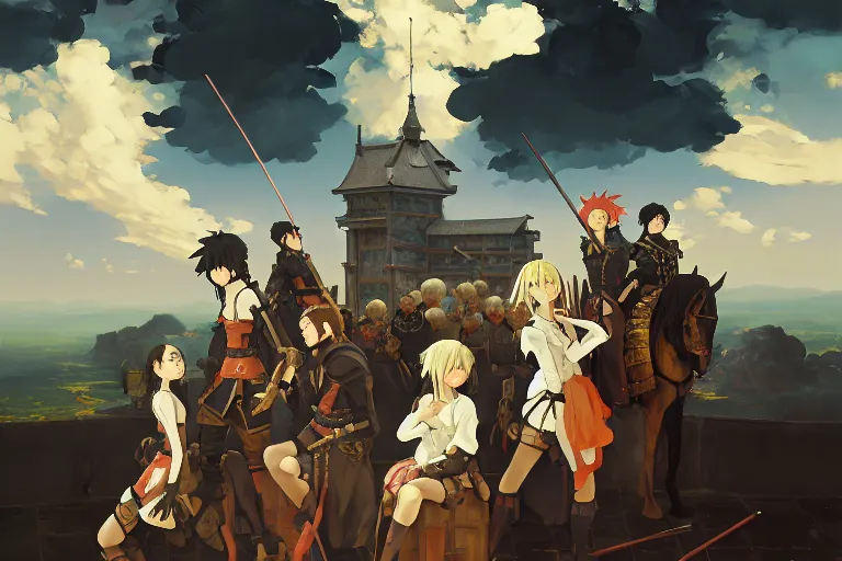 Image similar to baroque oil painting of anime key visual concept art of anime girl medieval revolutionaries, armored knights, dark fantasy, rule of thirds, cinematic lighting, fake hidden detail, trending on pixiv fanbox, acrylic palette knife and brush, style of makoto shinkai studio ghibli genshin impact jamie wyeth james gilleard greg rutkowski