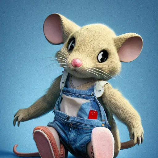 Image similar to in the style of studio ghibli, anthropomorphic mouse, female, wearing denim shorts and tank top, detailed, intricate, aesthetic, artistic, ambient occlusion, volumetric light effect, 8 k resolution