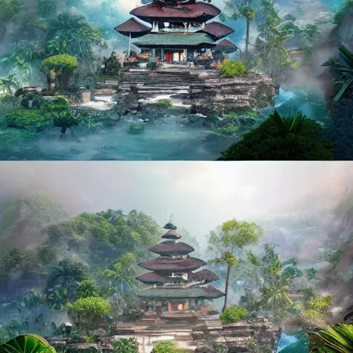 Image similar to A beautiful, perfect, impressive, amazing concept art digital CG painting of a place in Bali, trending on ArtStation, Unreal Engine