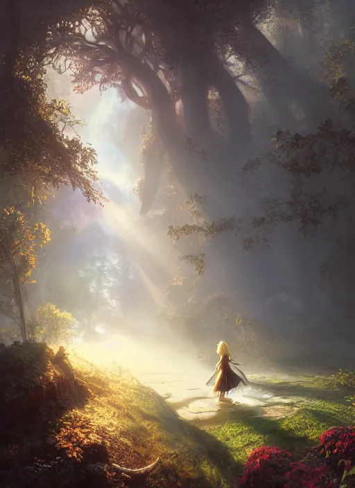 Image similar to Alice falling down the rabbit hole, mist, sunrays, dust in the air, DnD character, unreal engine, octane render, dramatic lighting, pond, digital art, by Stanley Artgerm Lau, greg rutkowski, thomas kindkade, alphonse mucha, loish, norman Rockwell,