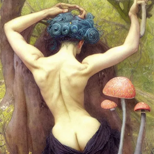 Image similar to a masterpiece full body portrait of a beautiful fairy from behind, bending over to pick a mushroom, beautiful face, flawless skin, heart shaped bottom, by Edgar Maxence and Ross Tran and Michael Whelan