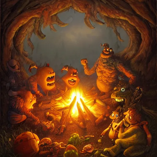 Image similar to monsters around a campfire by justin gerard, deviantart