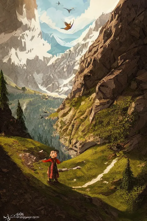 Image similar to an Alm in the Alps in the style of Heidi the cartoon, cartoon, intricate Details, concept art, matte painting, highly detailed, rule of thirds, dynamic lighting, cinematic, detailed, denoised, centerd, clean render