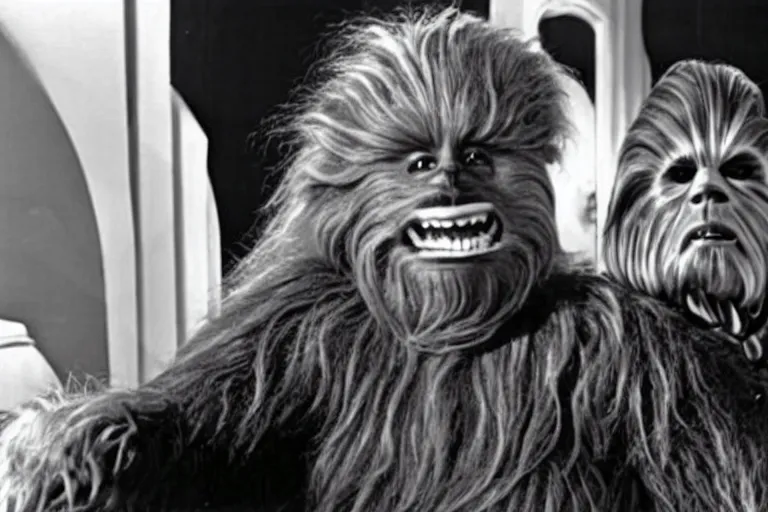 Image similar to A still from the black and white movie where Chewbacca starred alongside Charlie Chaplain