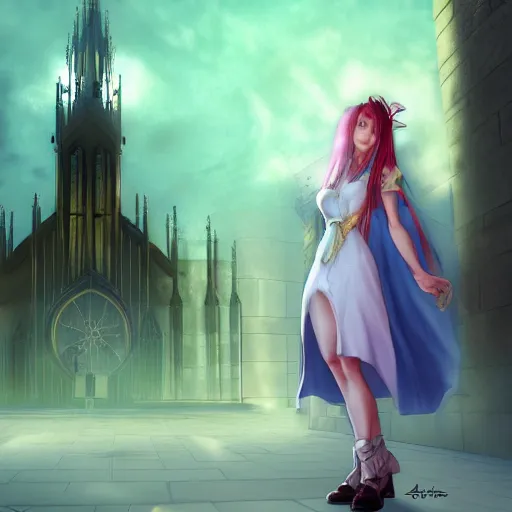Image similar to aeris from final fantasy in a beautiful dress standing in front of a church, concept art, beautiful lighting, 8 k, digital art, trending on artstation, by yoshitaka amano