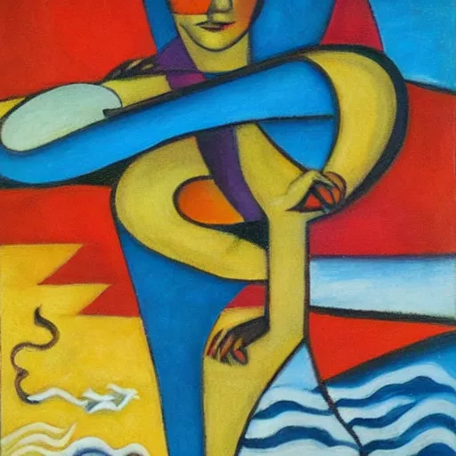 Image similar to woman dancing with a triskele by the ocean while the waves crash on the seashore, high quality art in the style of cubism and geogia o keefe