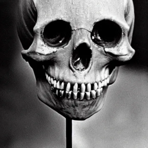 Prompt: historical photo 1 9 7 0 s of humanoid with crooked teeth, black eyes, gaping mouth, skeleton like, alien looking, skull like, big forehead, horrifying, killer, creepy, dead, monster, tall, skinny, open mouth, deathly