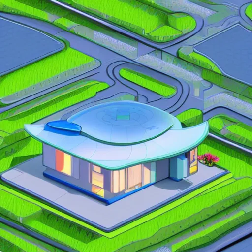 Image similar to isometric view of a moden retro futuristic home by Chiho Aoshima