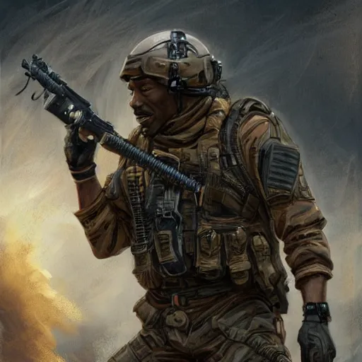 Image similar to Eddie Murphy as a navy SEAL, high resolution fantasy concept art, intricate details, soft lighting