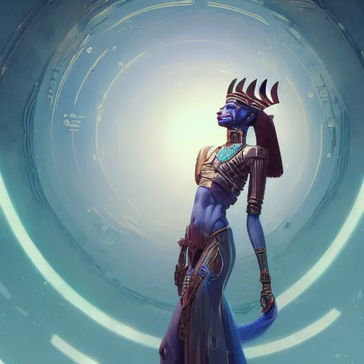 Image similar to highly detailed portrait of sekhmet the egyptian goddess, intricate alien technology, stephen bliss, unreal engine, fantasy art by greg rutkowski, loish, rhads, ferdinand knab, makoto shinkai and lois van baarle, ilya kuvshinov, rossdraws, tom bagshaw, global illumination, radiant light, detailed and intricate environment