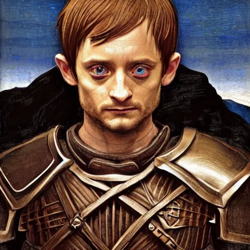 Image similar to Elijah wood, with an overwhelmed facial expression, as high level paladin in armor that is slightly to big for him, dungeons and dragons portrait, highly_detailed!!, Highly_detailed_face!!!, artstationhq, concept art, sharp focus, illustration, art by Leonardo da Vinci and Michelangelo and Botticelli