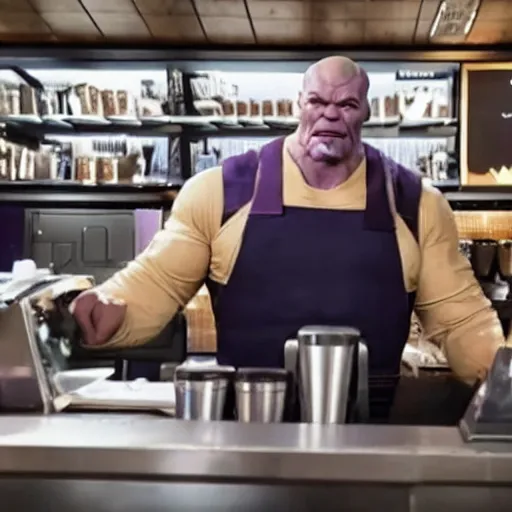 Image similar to film still of Thanos working as a Starbucks barista in Infinity War