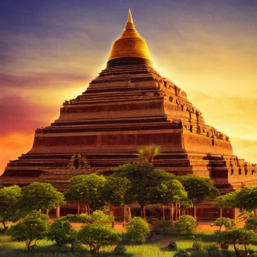 Prompt: isometric art of a buddhist bagan temple, beautiful render, golden hour, isometric