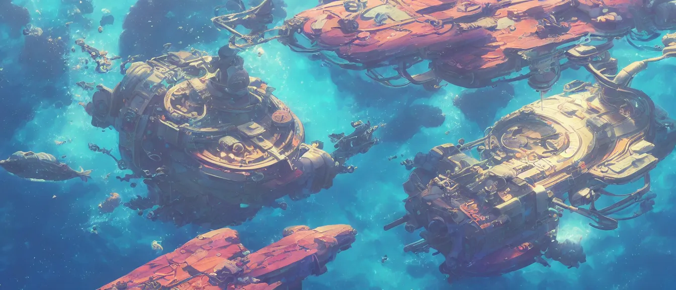 Prompt: underwater space station on a colorful ocean, unreal engine, fantasy art by greg, loish, rhads, ferdinand knab, makoto shinkai, lois van baarle, ilya kuvshinov, rossdraws, tom bagshaw, global illumination, radiant light, highly detailed intricate environment, isometric, onstudio ghibli, octane render, 8 k