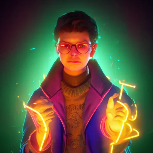 Image similar to a oil art portrait of young mage with neon magic in style of disco elysium character, bard jester character sheet, 4 k, ultra detail, volumetric lighting, unreal engine, octane render, grimdark