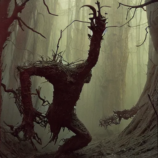 Prompt: concept art of a eldritch titan, wendigo, red eyes, fantasy, forest, heavy fog, wayne barlowe and zdzislaw beksinski