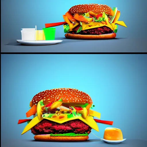 Prompt: low poly [ digital painting ]!! of a [ cockroach enjoying a burger ]!! exciting vibrant ecstatic passionate colorful vivid trending on behance award winning photorealistic 4 k award - winning art