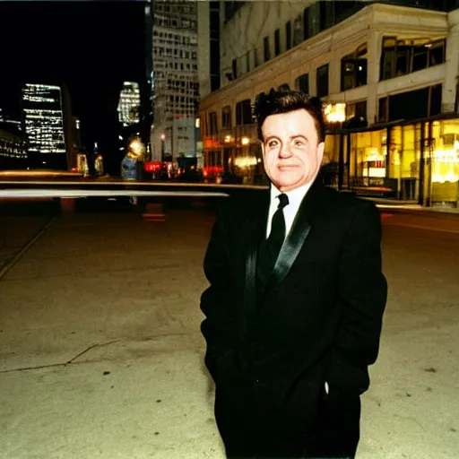 Image similar to 1 9 9 7 nathan lane wearing a black suit and necktie standing on the streets of chicago at night.