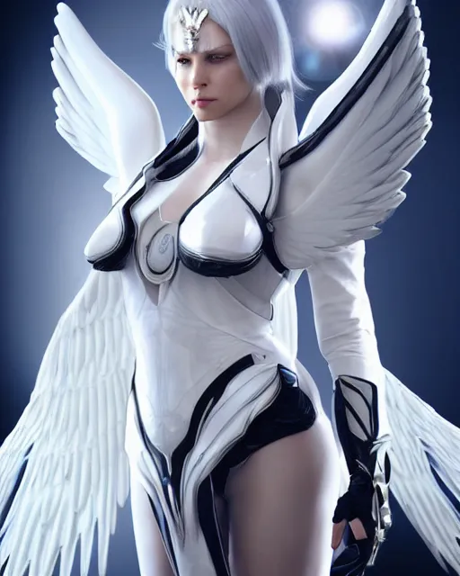 Image similar to perfect white haired attractive egyptian goddess with huge white dove wings, warframe armor, beautiful, symmetric, charlize theron, half asian, pretty face, blue eyes, android, scifi platform, laboratory, experiment, 4 k, ultra realistic, epic lighting, android body, illuminated, cinematic, masterpiece, art by akihito tsukushi, voidstar