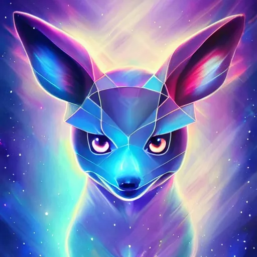 Image similar to geometric symmetrical eevee with galaxy eyes in space, nebula in the background, intricate, elegant, highly detailed, digital painting, artstation, concept art, smooth, sharp focus, illustration, art by artgerm