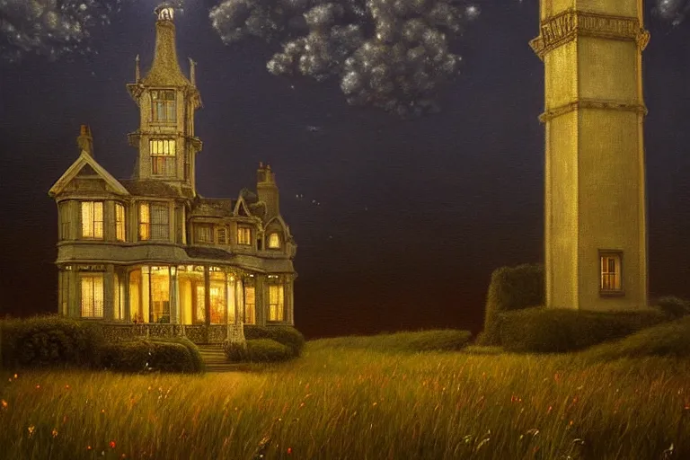 Image similar to a beautiful hyperrealistic painting of a british victorian house with a tower at night, very detailed by andrea kowch and samuel and joseph newsom