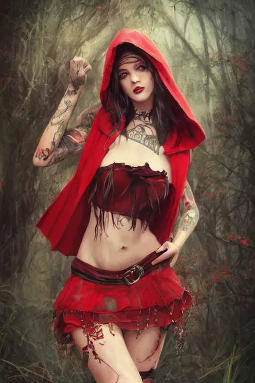 Image similar to Beautiful female, full body, little red riding hood, punk rock, piercings, tattoos, skirt, midriff, dramatic lighting, cinematic, establishing shot, extremely high detail, foto realistic, cinematic lighting, post processed, concept art, high details, cinematic, 8k resolution, beautiful detailed, photorealistic, digital painting, artstation, concept art, smooth, sharp focus, artstation trending, octane render, unreal engine