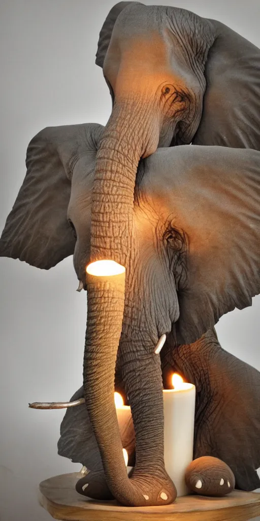 Image similar to a old man with a elephant snout, elephant ears and elephant tasks, beautifull candle low light