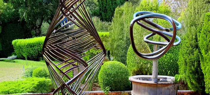 Image similar to bronze fountain, dna helix, in a garden in provence