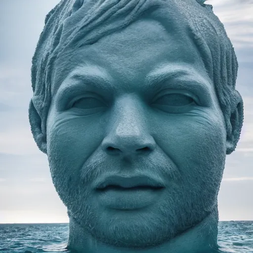 Image similar to a giant sculpture of a human head on the ocean, made purely out of water, cinematic, in the style of johnson tsang, long shot, hyper detailed, hyper realistic, ray tracing, 8 k resolution, sharp focus, realistic water, award winning