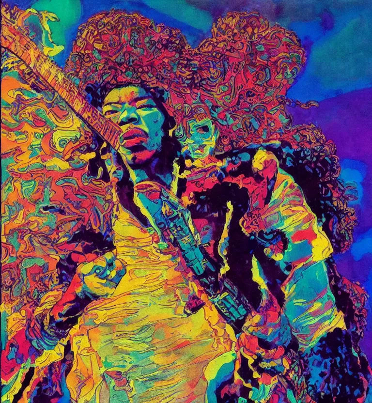 Image similar to jimi hendrix full body, colourful afrofuturist biomorphic scifi opart in background, by moebius, 8 k