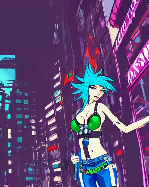 Image similar to cel shaded art of a pretty blue haired girl, jet grind radio graphics, cyberpunk city street background