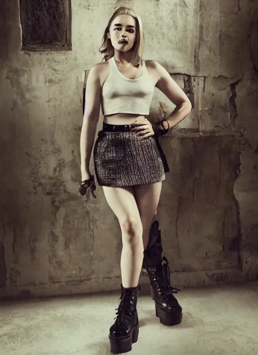 Prompt: emilia clarke in mini skirt and crop holter top tank top cyberpunk, platform boots, beautiful face, intricate, extremely detailed, modeling photography, 8 0 mm camera, dramatic lighting, dark room, body and face