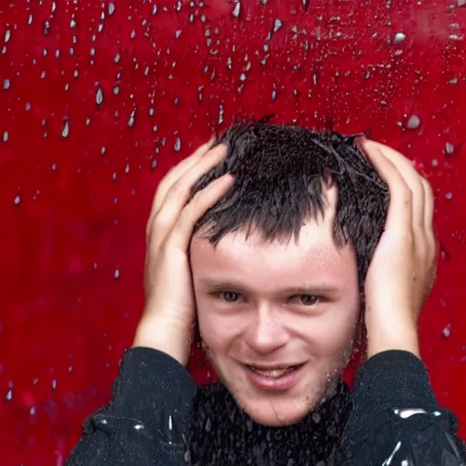 Image similar to Wet young man suffers standing on his head in the red room rain