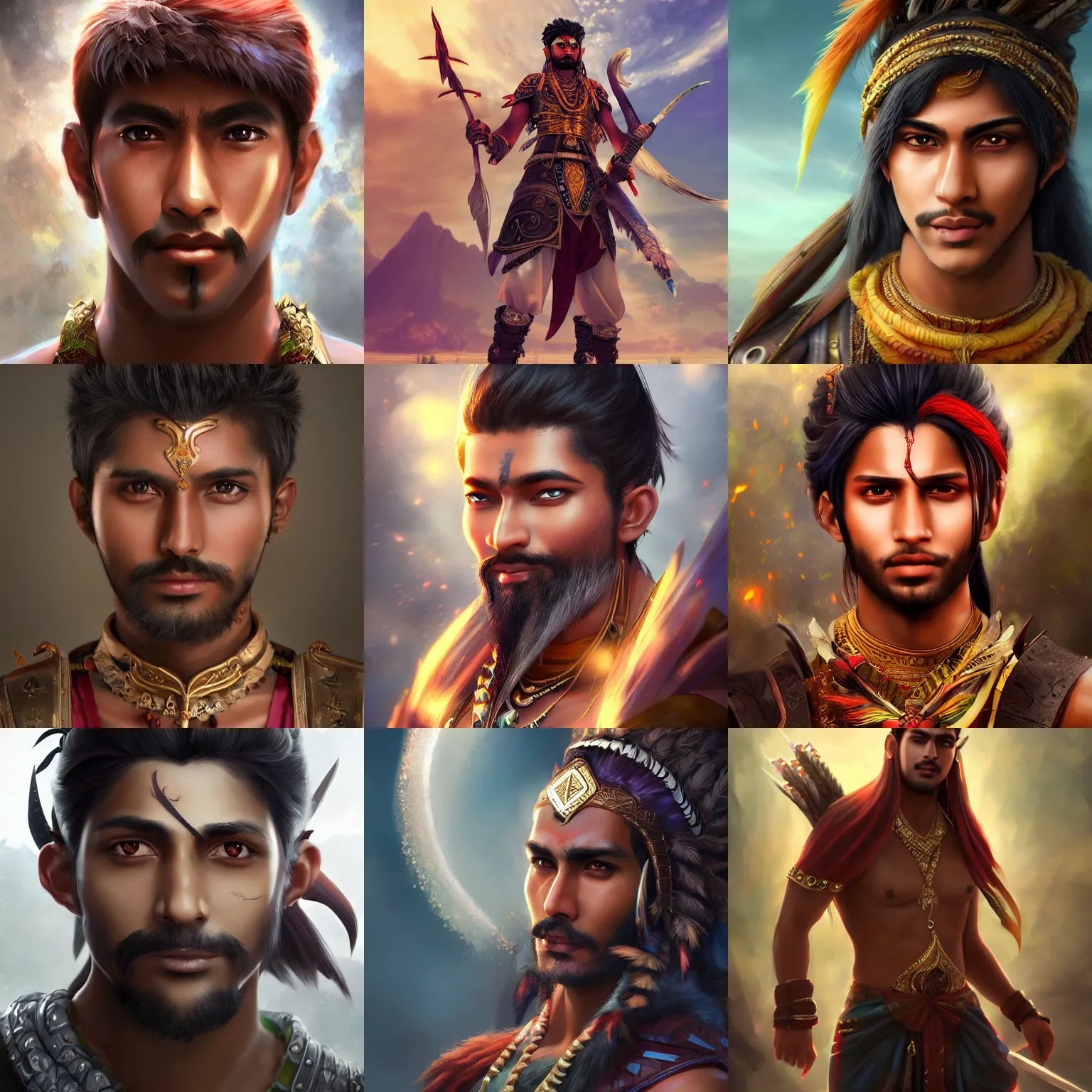 Prompt: epic fantasy anime style portrait painting of an indian man, handsome, 20 years old, unreal 5, DAZ, hyperrealistic, octane render, cosplay, RPG portrait, dynamic lighting