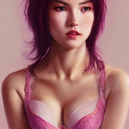 Prompt: portrait of cassandra cain wearing lacy bra, pink hair, attractive, casual, modern, victoria's secret, highly detailed, digital painting, artstation, concept art, smooth, sharp focus, illustration, art by artgerm, greg rutkowski and alphonse mucha