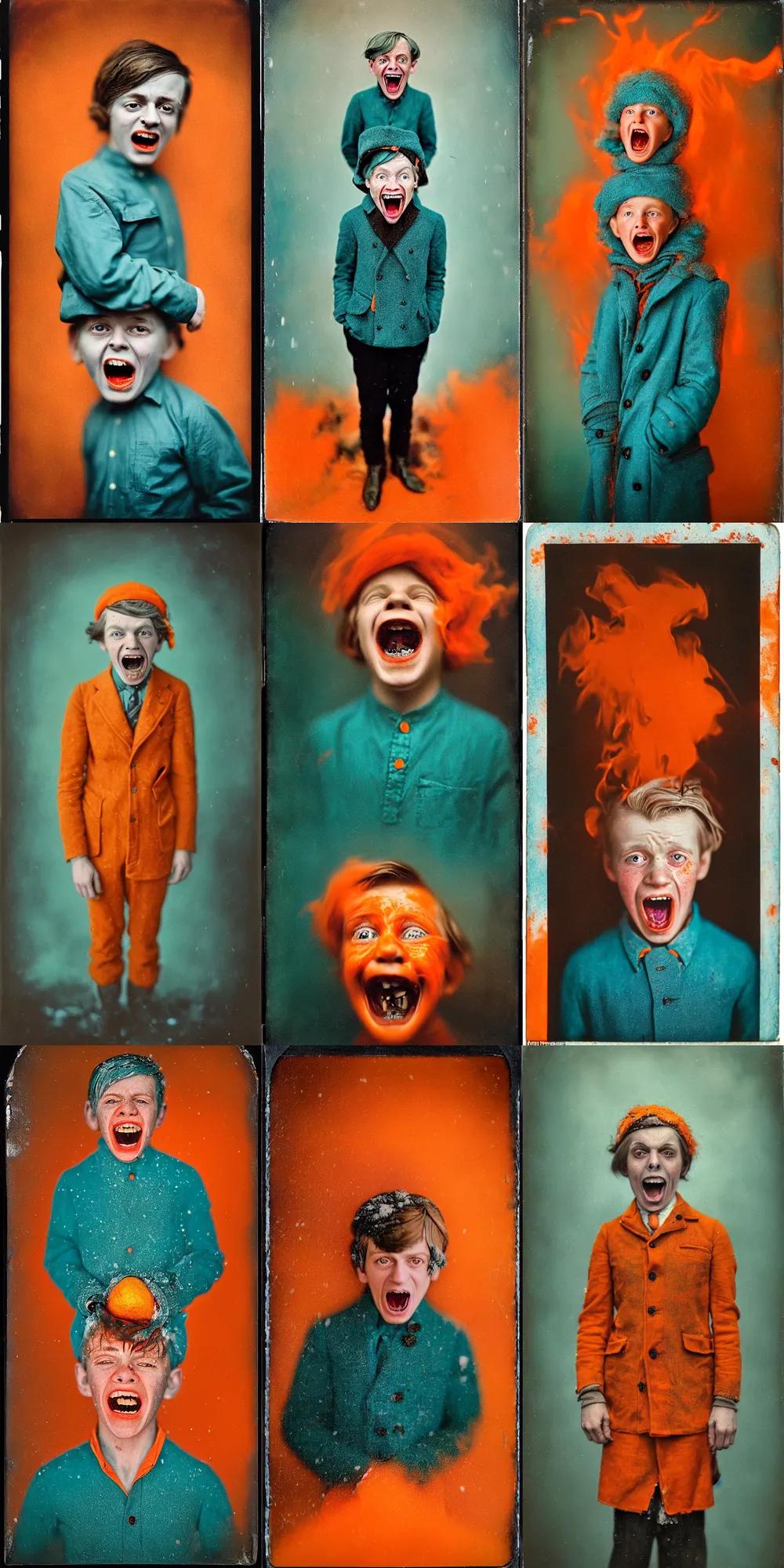 Image similar to kodak portra 4 0 0, wetplate, 8 k, shot of a highly detailed, britt marling style, colour still - life portrait of a lemon looks like a handsome screaming 8 year old boy in a dangerous snow hell fire storm, 1 9 2 0 s cloth, 1 9 2 0 s hair, teal and orange, muted coloures