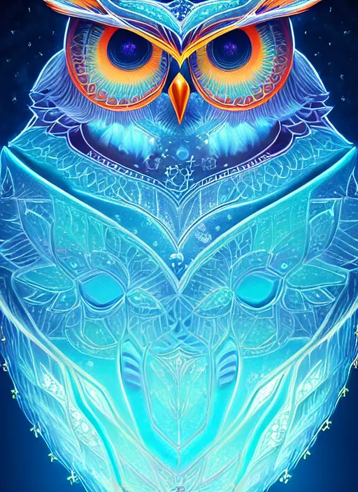 Image similar to symmetry!! product render poster vivid colors divine proportion owl, ice and snow, glowing fog intricate, elegant, highly detailed, digital painting, artstation, concept art, smooth, sharp focus, illustration,