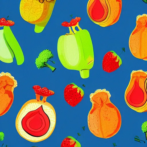 Prompt: dancing fruit, broccoli, banana, they are dancing, children illustration, 2D