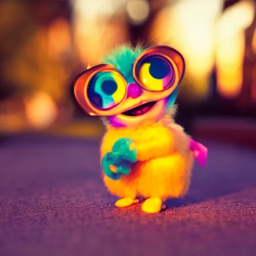 Prompt: a cute colorful furby, photography, golden hour, bokeh, colorful, saturated, cinematic lighting, volumetric light, 8 k